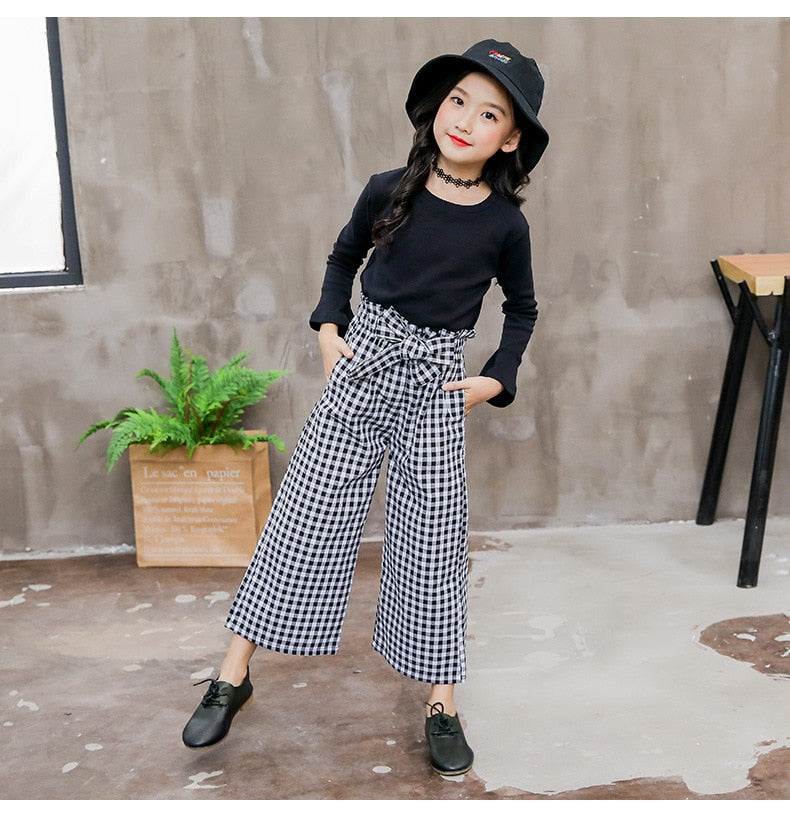 2020 Kids Girls Clothes Sets Long Sleeve T-shirts + Plaid Wide Leg Pants Autumn Children's Clothing Teenage for 7 8 10 12 Years