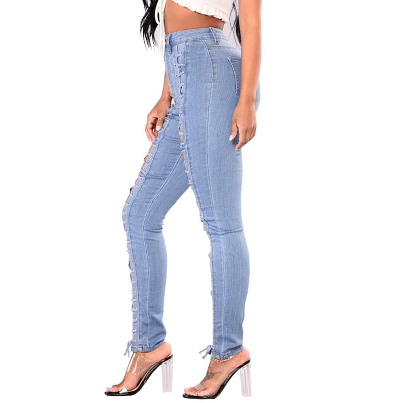 Woman High Waist Stretchy Jeans Lace Up Slim Women's Jean Fashion Pencil Skinny Jeans