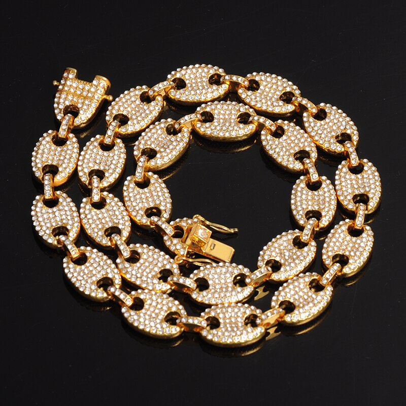 1kit 13MM Bling Coffee Bean Iced Out CZ Pig Nose Rhinestone choker Link Chain Necklaces & Bracelet for Men HIP HOP Jewelry