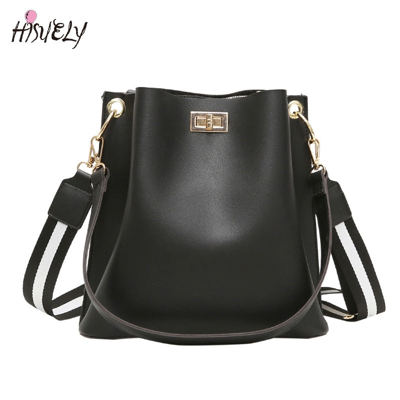 HISUELY Hot Sale New Women PU Leather Handbags Fashion Designer Black Bucket Vintage Shoulder Bags Messenger Bag High Quality