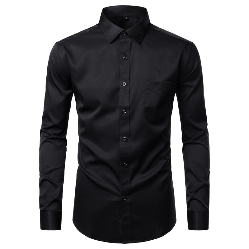 Mens White Bamboo Fiber Dress Shirts Slim Fit Wrinkle Free Casual Shirt Chemise Non Iron Easy Care Elastic Wedding Working Shirt