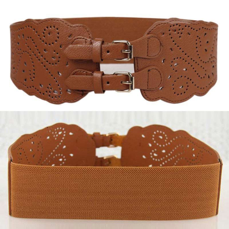 Fashion Wide Waist Belt Metal Round Buckle Punk Belts Stretchy Dress Waistband Pu Leather Cummerbunds European Style Lady Belts