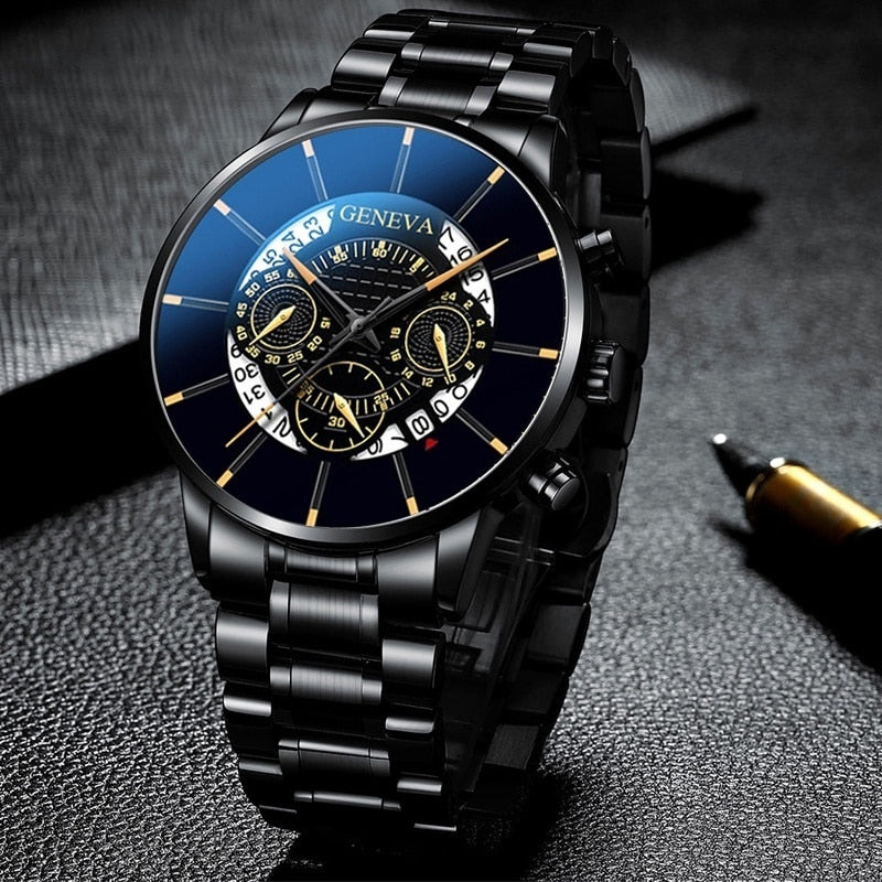 2021 Fashion Men's Quartz Watch Classic Black Wristwatch Steel Belt Luxury Calendar Business Watch Herren Uhren Gifts for Men