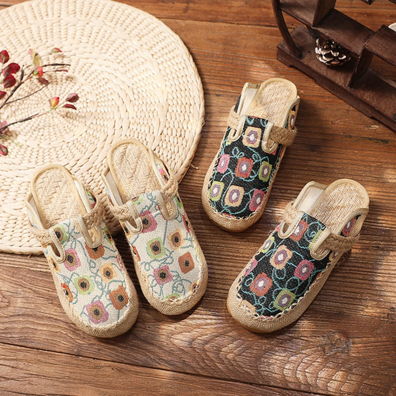 Veowalk  Women Linen Cotton Embroidered Flat Espadrilles Mules Platform Shoes Ladies Comfortable Close Toe Slippers Black Beige
