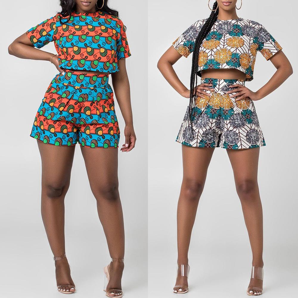 Fadzeco African Dresses for Women Dashiki Print Ankara Jumpsuit Short Sleeve Round Neck T Shirt and High Waist Short Pants
