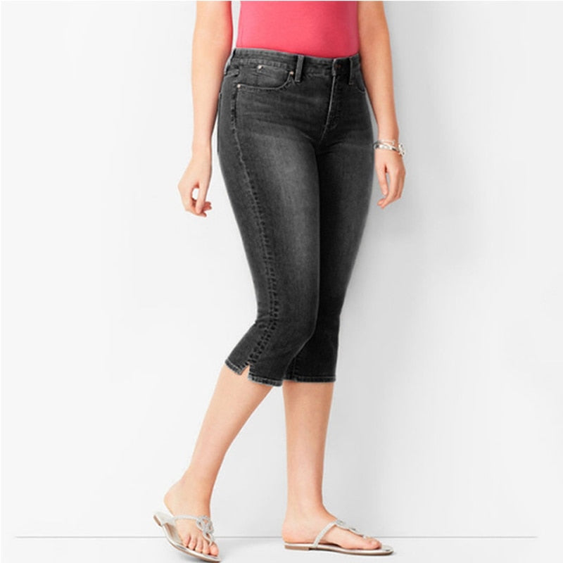 4XL Plus Size Jeans Women's Capri Pants Summer Breeches Mid Waist Washed Denim Shorts Calf-Length Cotton Casual Clothing