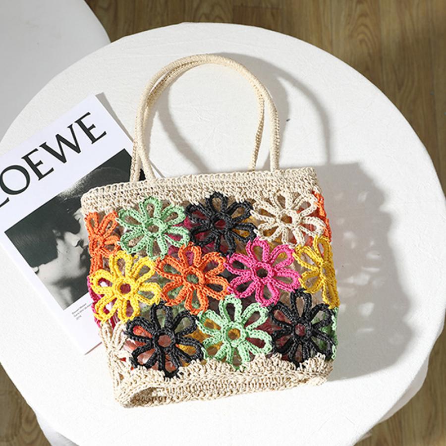 Bohemian Hollow Flower Woven Tote Bags For Women Summer Colors Flowers Straw Shoulder Bag Women's Bag Beach Straw Women Handbags