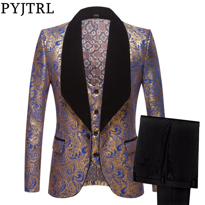 PYJTRL Mens Three-piece Set Wedding Suits Gold Floral Pattern Slim Fit Party Prom Dress Tuxedo Singers Costume Smoking Uomo