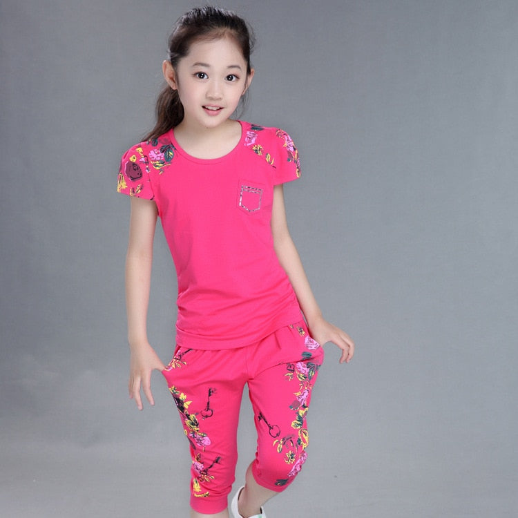 Children Clothing Sets Summer Girls Sports Suit Cotton Print Short Sleeve T Shirt & Pants 2Pcs Girls Clothes 6 8 9 10 12 Years