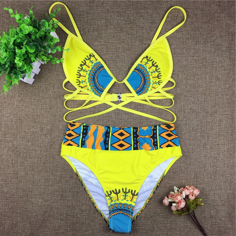 ZPDWT Sexy Tribal Print Bathing Suit Women African Swimwear Swimsuit High Waist Bikini Yellow Beach Swim Wear For Small Chests