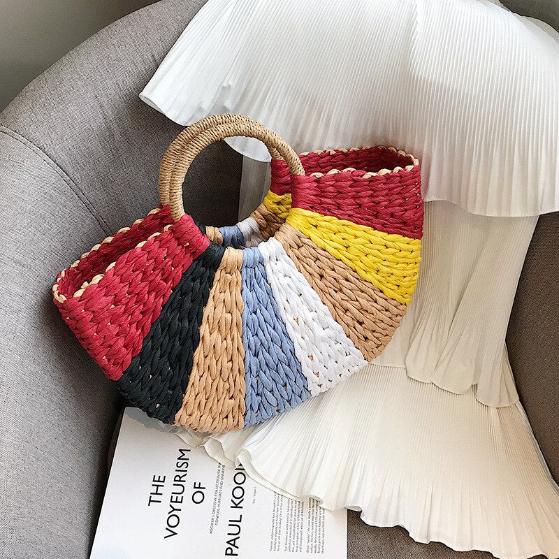 Women Handbag Summer Beach Bag Rattan Woven Handmade Knitted Straw Large Capacity Totes Leather Women's Shoulder Bag Bohemia New