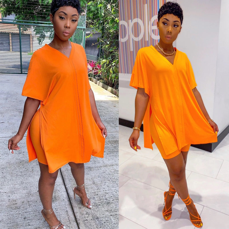 Two Piece Set Women Clothes Casual V Neck T Shirt Top and Shorts Set Streetwear Sexy 2 Piece Outfits for Women Suit Summer Short