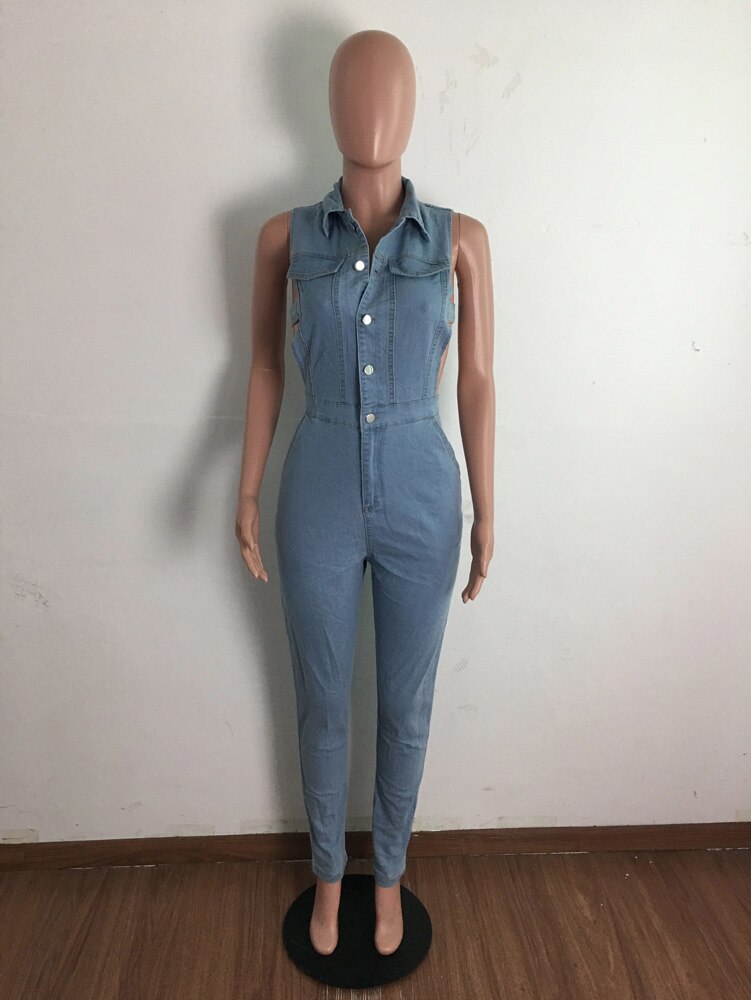 Summer Jeans Overalls Sexy Women Sleeveless Bodycon Blue Denim Pencil Jumpsuit Romper