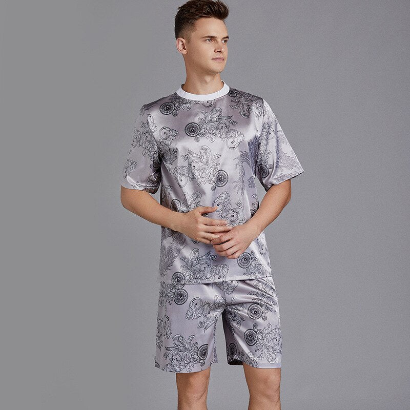 Summer Men Pyjama Set Print Satin Men Pajama Suit Short Sleeve Shorts Silk Pajama Man Sleepwear Spring Pajama Male Nightgown XXL