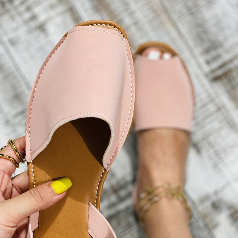 MCCKLE Summer Sandals Women Flats Female Casual Peep Toe Shoes PU Slip on Leisure Solid Sewing Footwear Two-piece Plus Size
