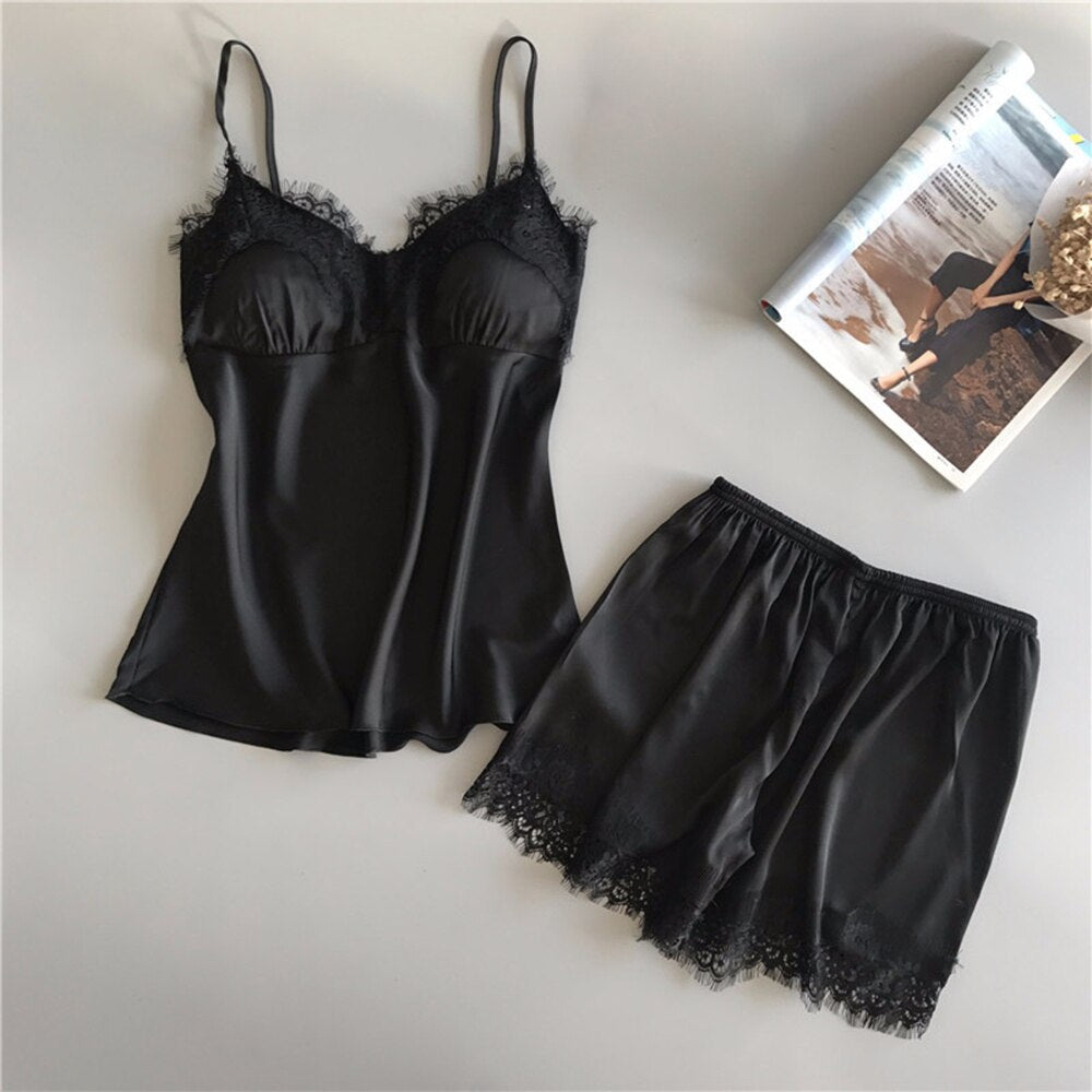 Women's Pajamas Set Home Suit Top and Shorts Sexy V-Neck Sleeveless Satin Lace Sleepwear Pijama Home Clothes for Women 2021