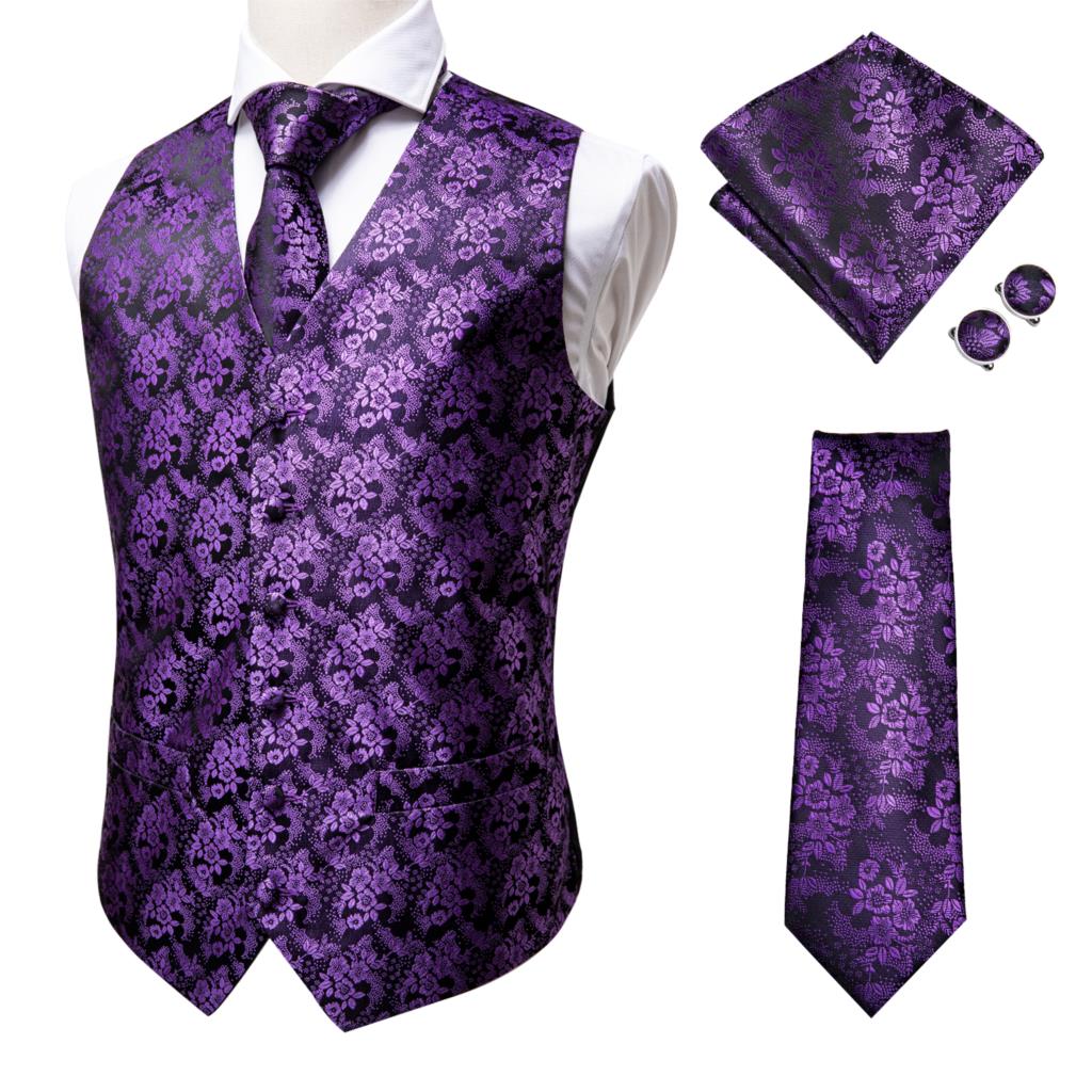 Hi-Tie Silk Adult Men's Vest for Suit Luxury Paisley Floral Plaid Suit Vest and Tie Set Blue Gold Red Sliver Wedding Vest Men