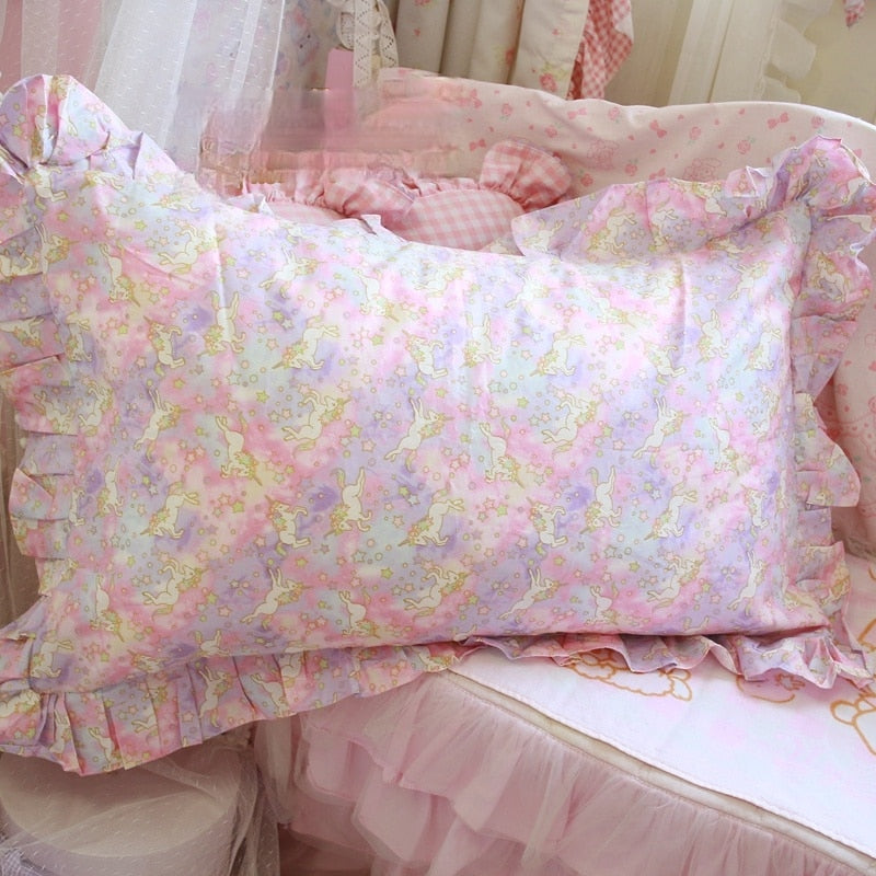 48x74cm Pink Twin Heart Rabbit Pillow Case Cover Cotton Hairball Ruffle Pillowcase Girl Cute Bedding Toy Home Decor