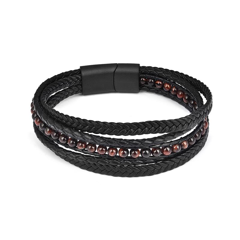 Jiayiqi Fashion Natural Stone Beads Men Bracelet Multilayer Leather Bracelet Punk Jewelry Stainless Steel Magnetic Clasp Bangles