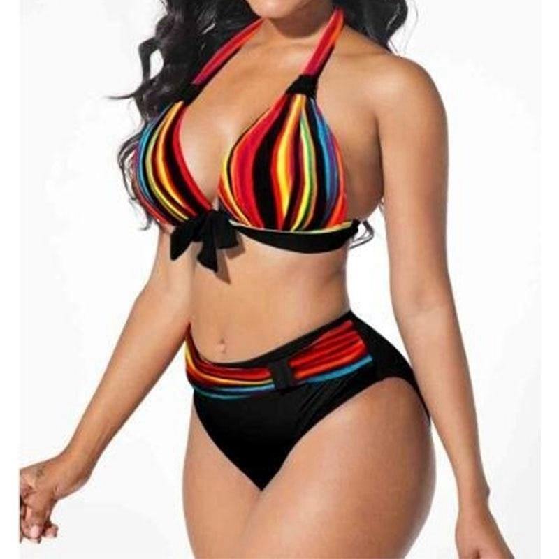 S-5XL Plus Size Neon Striped Bikini Set Push Up Women High Waist Halter Beach Swimwear Retro Bowknot Bathing Suit Swimming Suit - Surprise store