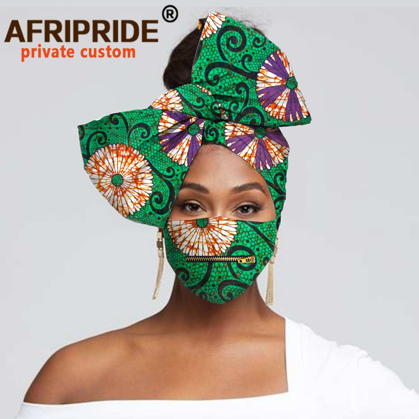 African Headscarf for Women Headwear Floral Turban Head Scarf Head Wrap Hair Accessories Match Print Mask with Zipper A20H016