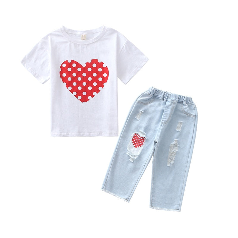 Kids Summer Clothes Set for Girl White T Shirt And Ripped Jeans Children Outfits 6 8 10 12 Years Girls Clothing Suits