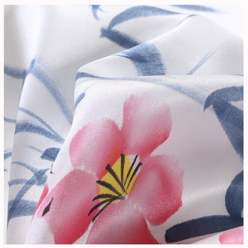 19mm Duvet Cover Queen 100% Silk 4pcs Bedding Set Printed Soft and Breathable with Zipper Closure & Corner Ties Pink White