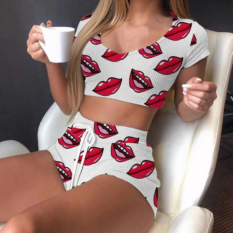 2021 Pajama Sets Sexy Lips Print Women Pajamas With Pants+Short Sleeve Sleepwear Pijama Nightie Home Clothes Pyjama Pour Femme