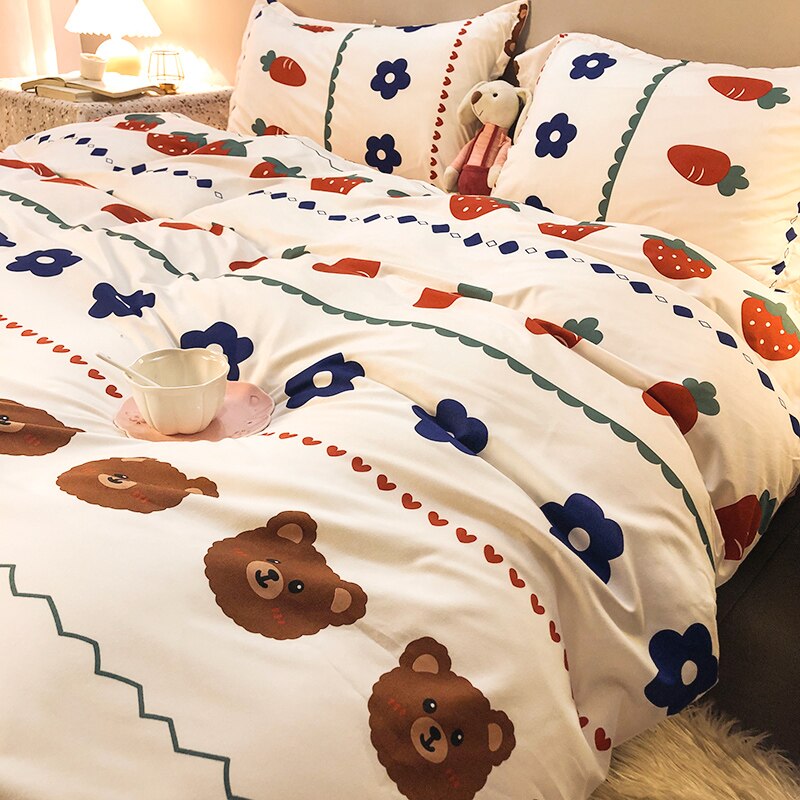 4pcs Nordic Bedding Set , Duvet Cover + Pillow Case + Bed Sheet Home Textiles Bed Sheets Set Washed Cotton A/B side Qulit Sheet