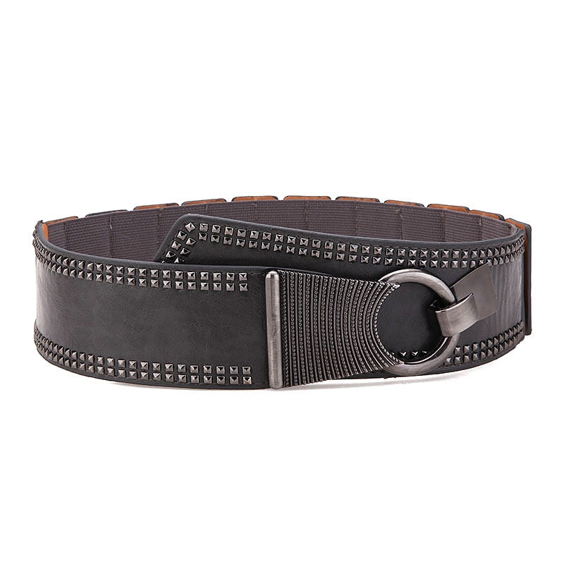 Fashion Wide Waist Belt Metal Round Buckle Punk Belts Stretchy Dress Waistband Pu Leather Cummerbunds European Style Lady Belts