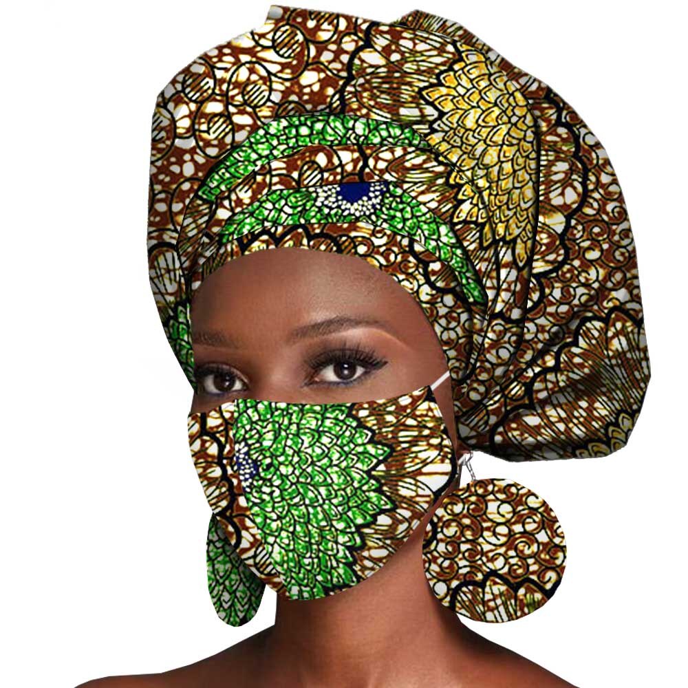 African Headwrap Earrings Hair Accessories Scarf Bonnet Ankara Wax Fabric Head Turban African Headscarf Mask Match Print A20H004
