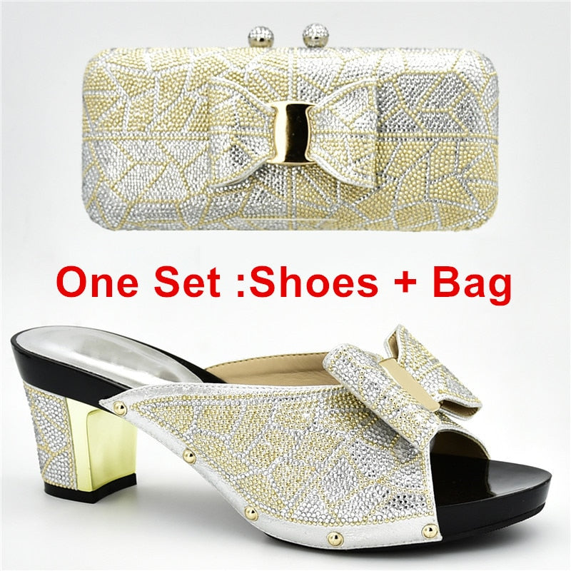 New Arrival Italian Shoes with Matching Bags for Wedding Italy Nigerian Women Wedding Shoe and Bag Set Decorated with Rhinestone