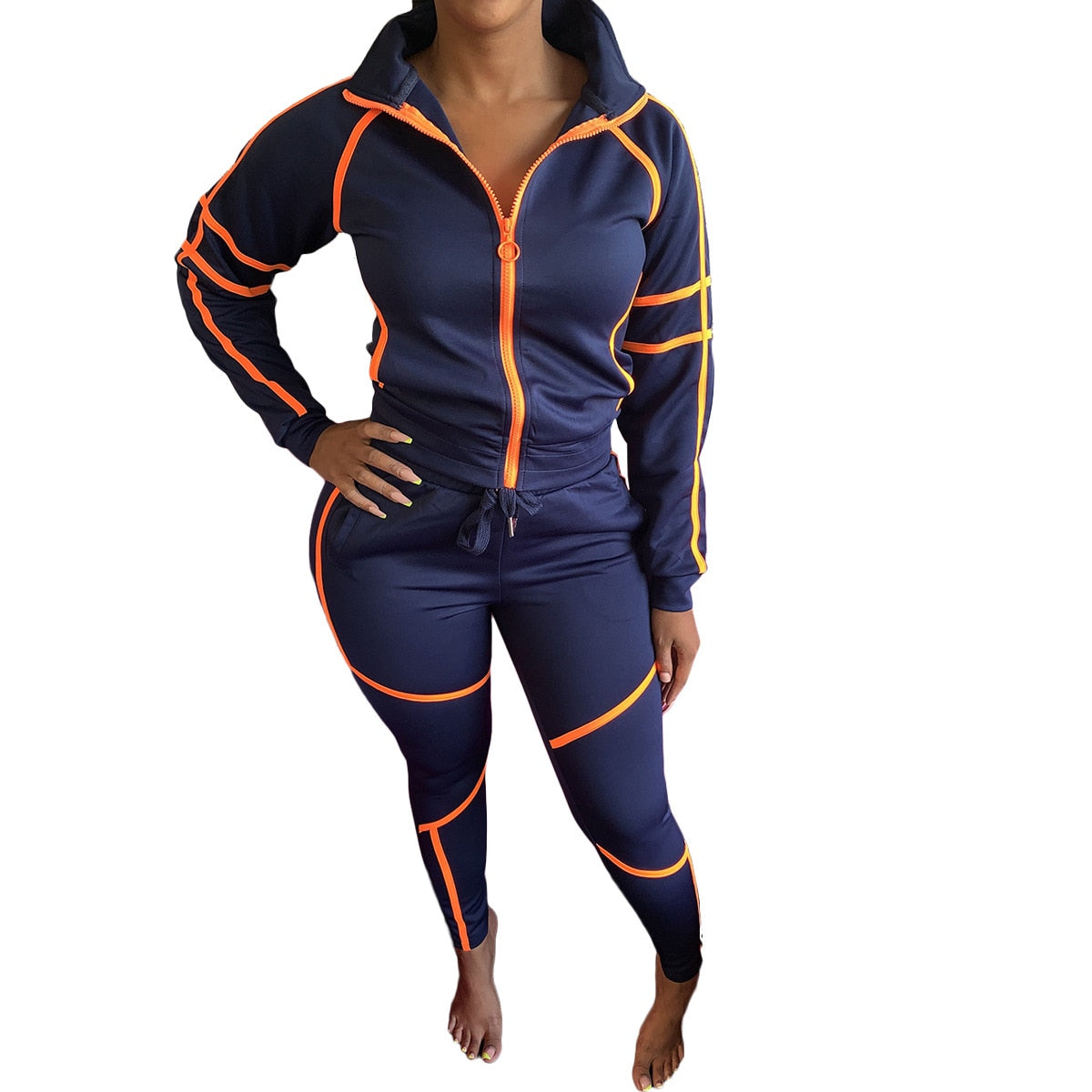 3XL Plus Size Tracksuit 2 Piece Women's Sets Zipper Stand Collar Tops And Jogging Pant Suit Autumn New Dark Blue Sportswear Set