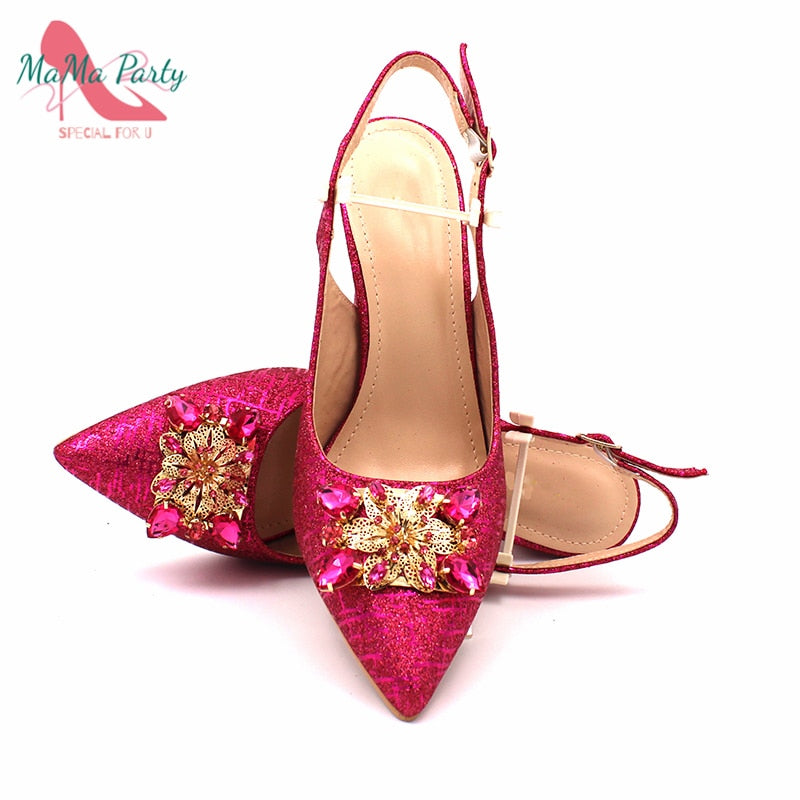 Fashionable African Shoes and Bag Set Italian Women Fuchsia Color Nigerian Shoes with Matching Bags for Royal Wedding Party