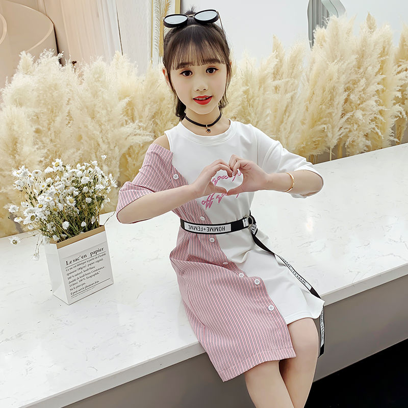 Girls Dress Summer 2021 New Girls Wear Korea Fashion Summer Style Shoulder Dress Tide Asymmetrical Dress Girls 2 To 12 Years