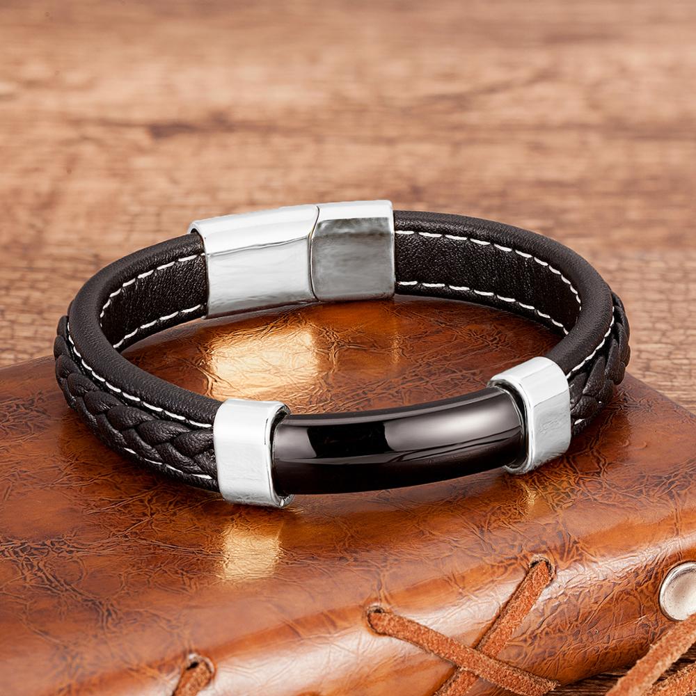 Natural Stone Men Bracelet Black Genuine Leather Rope Chain Stainless Steel Magnet Clasp Natural Stone Bracelets Male Jewelry