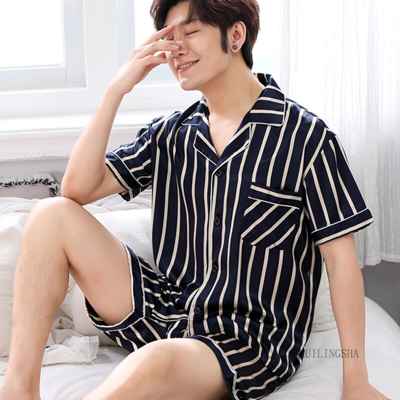 Spring Summer Autumn Men Satin Silk Pajamas Sets of T-shirt & Shorts Male Pijama Sleepwear Leisure Home Clothing Loungewear