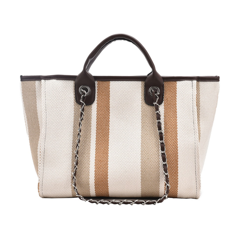 New Women Tote Bag Fashion Linen Large Striped Handbag Chains Shoulder Bags Ladies Big Messenger Bag Shopping Bag
