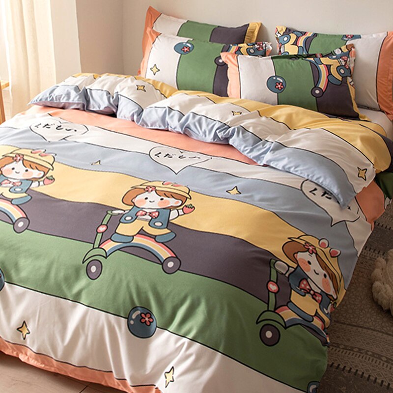 4pcs Nordic Bedding Set , Duvet Cover + Pillow Case + Bed Sheet Home Textiles Bed Sheets Set Washed Cotton A/B side Qulit Sheet