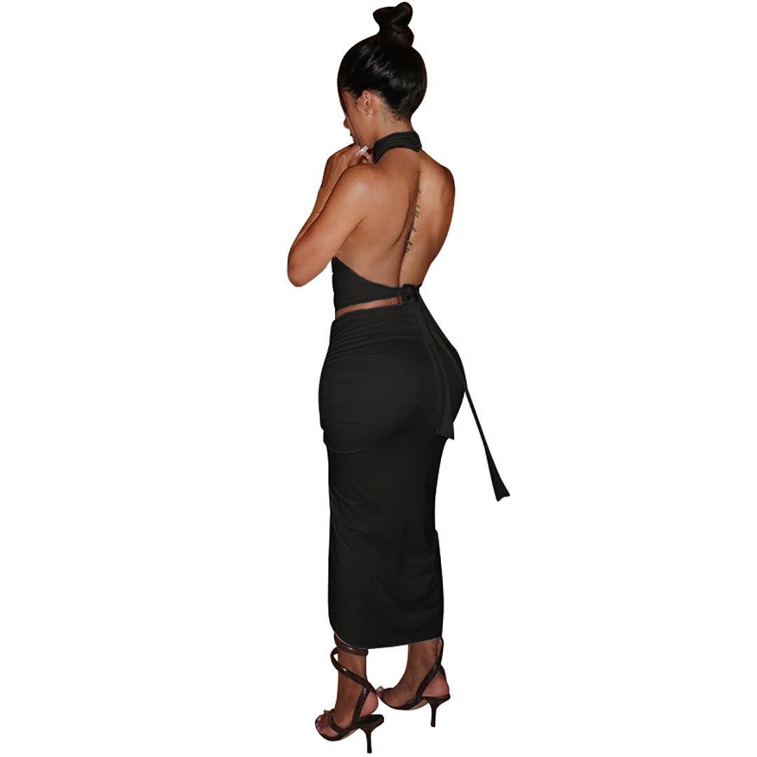 JRRY Sexy Women Set Two Pieces Set Turtleneck Backless Crop Top Drawstrings Mid Calf Slit Skirt 2 Pieces Set Skinny Outfit