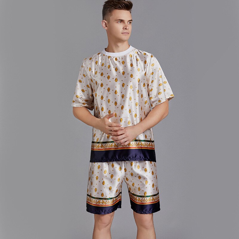 Silk Men Pajama Sets Satin Pajama Man Sleepwear Pajamas Nightgown Summer Short Sleeve Print Men Pyjamas