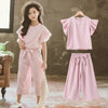 Korean Big Girls Summer Clothing Sets 2021 New Kids Striped Ruffle Sleeve +Wide Leg Pants Fashion Two-piece Teenage Outfits Set