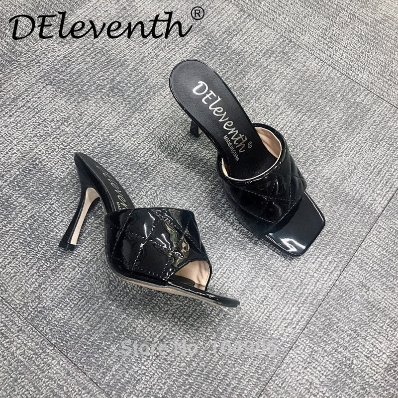 Marian Sqaure Toe Red Quilted Mule Heels Shoe Black PU High Heel Shoes Women Sandals Sliper Woman Shoes zapatos mujer White Blue