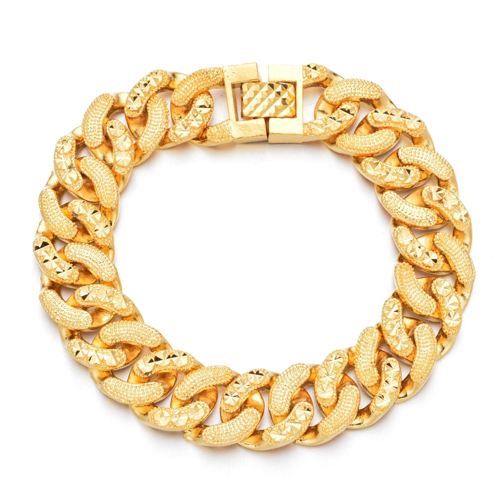 Fashion Plated 24K Gold Multi Shape Punk Bracelet Curb Cuban Chain Gold Color Bracelets Bangle For Men Women Jewelry Gifts