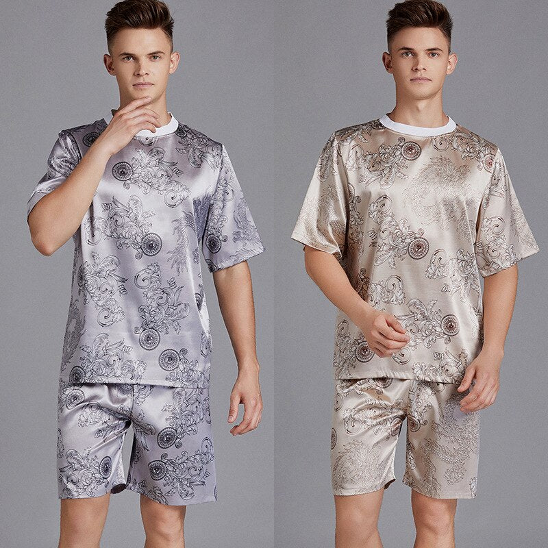 Summer Men Pyjama Set Print Satin Men Pajama Suit Short Sleeve Shorts Silk Pajama Man Sleepwear Spring Pajama Male Nightgown XXL