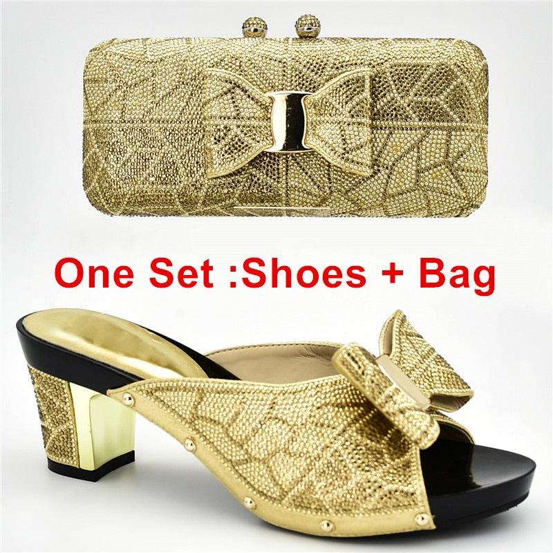 New Arrival Italian Shoes with Matching Bags for Wedding Italy Nigerian Women Wedding Shoe and Bag Set Decorated with Rhinestone