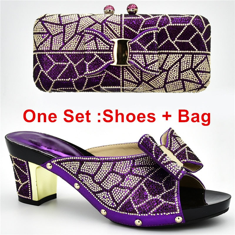 New Arrival Italian Shoes with Matching Bags for Wedding Italy Nigerian Women Wedding Shoe and Bag Set Decorated with Rhinestone