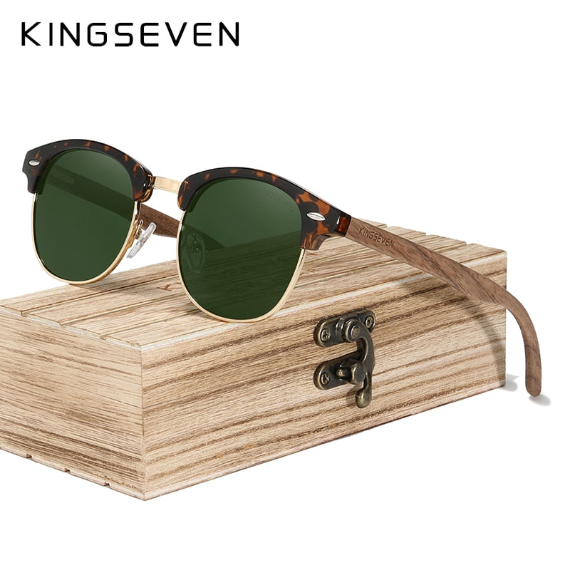 KINGSEVEN Retro Fashion Style Handmade Black Walnut Wooden Sunglasses Men Women 100%Polarized UV400 Lens Semi-Rimless Eyewear