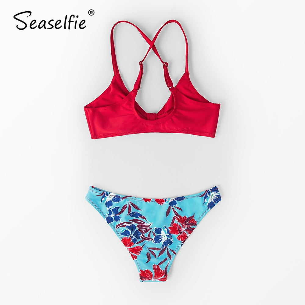 SEASELFIE Red and Floral Print Low-Waisted Bikini Sets Swimsuit Women Sexy Bow-knot Two Pieces Swimwear 2021 Beach Bathing Suits