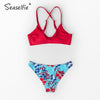 SEASELFIE Red and Floral Print Low-Waisted Bikini Sets Swimsuit Women Sexy Bow-knot Two Pieces Swimwear 2021 Beach Bathing Suits
